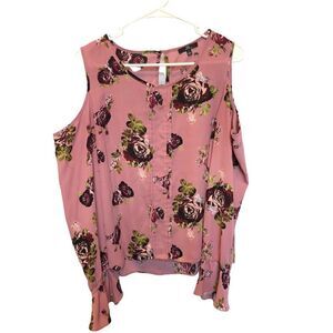 MM beautiful cold shoulder blouse scoop neck bell sleeves pink floral Large